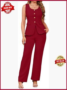 Sleeveless Blazer & Wide Leg Pant Set Business Casual 2 Piece Outfits